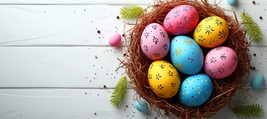 Top view of colorful easter eggs in nest on white background with space for text   mockup