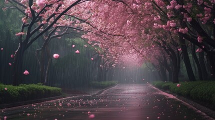 A street lined with trees covered in pink flowers - Powered by Adobe