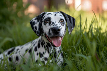 happy joyful and smiling dalmatian puppy dog laying at the porch in the tall grass. pet ad. welcome home