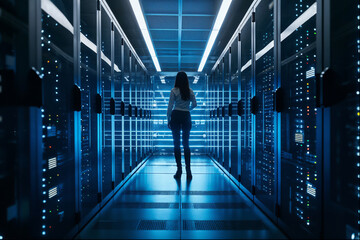 Female technician standing on the server data storage