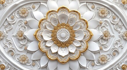 Ceiling 3D wallpaper adorned with a white and golden mandala decoration model set against a decorative frame backdrop.
