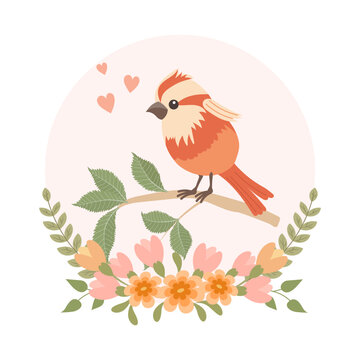 Cute cartoon birds on a branch in a flower frame. Greeting card design, spring illustration. Vector