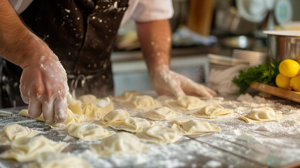A man stands in a kitchen as he prepares pasta like Swabian Maultaschen or dumplings or ravioli