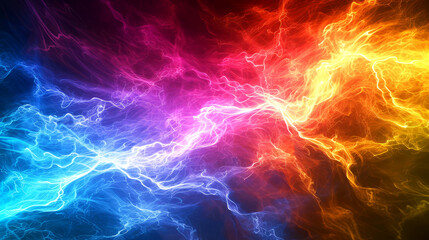 Obraz premium A dynamic energy through vibrant and electrifying color schemes, radiant hues of blue, purple, red, and yellow intertwine, creating ethereal atmosphere, related to energy, technology, art, science