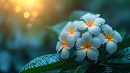 Wandcirkels tuinposter Beautiful blooming White plumeria with green background. © Muhammad