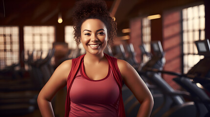 A beaming woman, dressed in a fashionable sleeveless shirt, confidently works out in an indoor gym, exuding strength and determination through her smiling face and toned shoulders