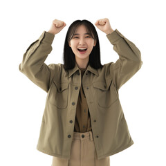 Upper body shot of a young asian woman cheering with joy raising her fists in the air, celebrating a success. Happy office winner. Transparent background.