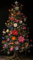 Fototapeta na wymiar A vibrant Dutch Christmas tree filled with an abundance of colorful flowers creates a festive and cheerful holiday atmosphere