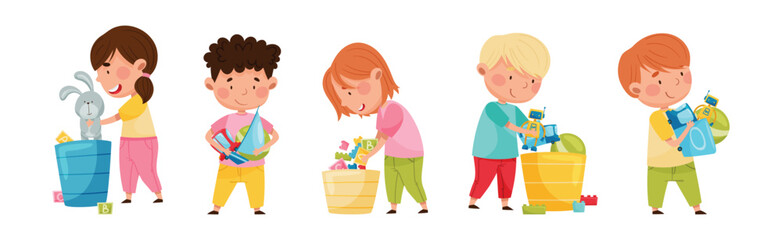 Funny Kids Playing with Different Toys in Playroom Vector Set