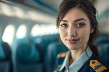 A beautiful flight attendant in the airplane cabin