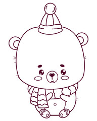 Cute winter bear cub. Funny animal Teddy baby kawaii character. Vector illustration. Line drawing, coloring book. Kids collection