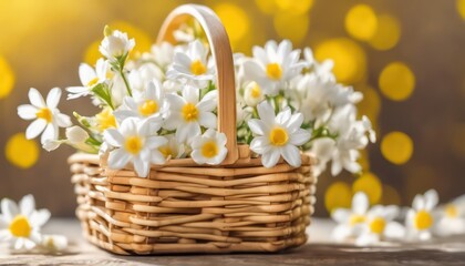 Fototapeta na wymiar Wicker basket full of fresh spring daisies