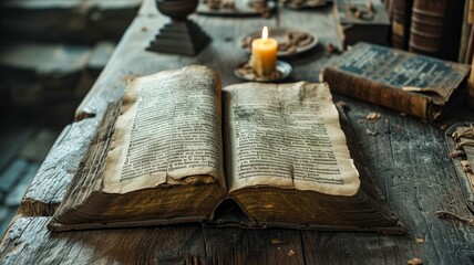 An old vintage open bible book on top of an antique wooden table with a lit candle Generative AI Illustration