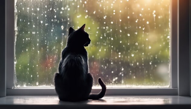 Contemplative cat watching rain from window sill