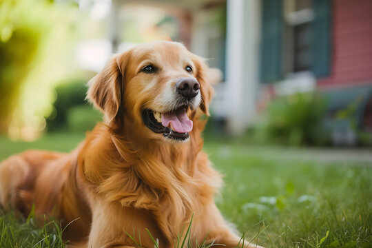 golden retriever, labrador puppy dog laying at the porch in the tall grass. pet ad. welcome home. happy smiling. golden hour. daylight., summer