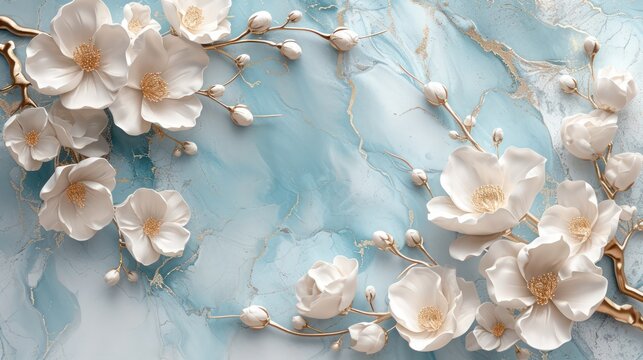 Luxurious 3D background featuring elegant white and blue accents flowers against a silk backdrop, perfect for printing on walls and ceilings.