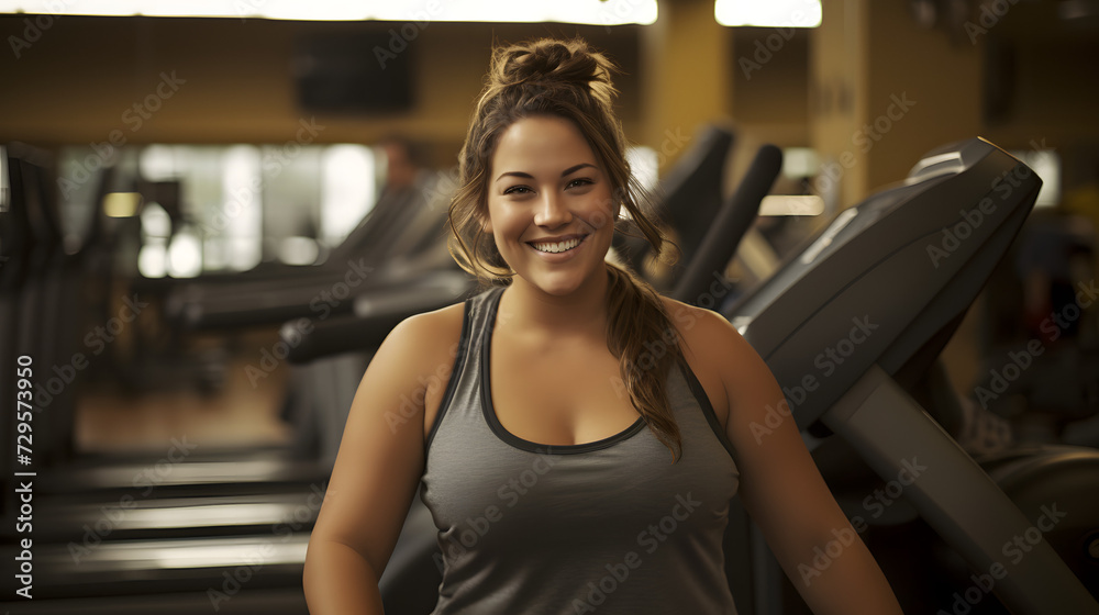 Canvas Prints A joyful woman confidently showcases her sporty attire while posing with exercise equipment in an indoor gym setting