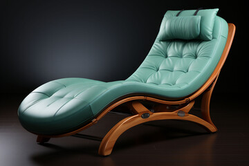 A teal-colored leather chaise lounge with a curvaceous wooden frame is positioned against a black backdrop, showcasing elegance and modern design. luxury, sophisticated interiors.