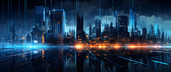 Fototapeta na wymiar Illustration of a modern futuristic smart city concept with abstract bright lights against a blue background. Showcases cityscape urban architecture, emphasizing a futuristic technology city concept.