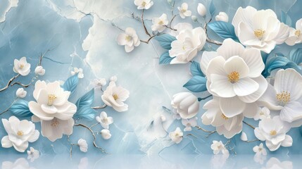 Luxurious 3D background featuring elegant white and blue accents flowers against a silk backdrop, perfect for printing on walls and ceilings.