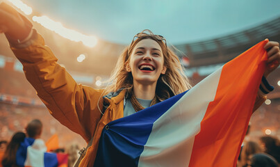 An excited female sports spectator holding a france flag in a sports stadium - obrazy, fototapety, plakaty
