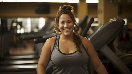 Fototapeta premium A joyful woman confidently showcases her sporty attire while posing with exercise equipment in an indoor gym setting