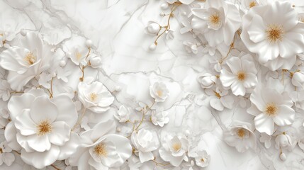 Luxurious white flowers set against a silk marble backdrop in a stunning 3D design, perfect for printing on walls and ceilings.
