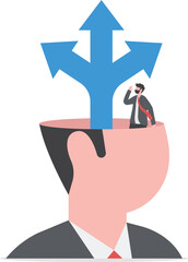  Decision to choose choice, option or opportunity, challenge to select career path, decide business direction, thinking for solution or doubt concept, businessman decide way of success in his own head