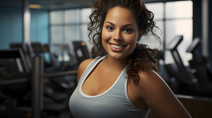 Fototapeta na wymiar A vibrant woman radiates confidence as she poses in stylish gym attire, her smile reflecting her determination to conquer the exercise equipment and sculpt her body