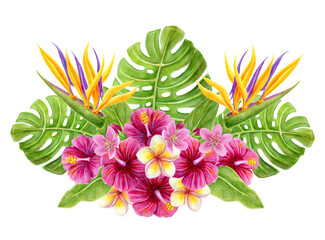 Tropical bouquet. Hand drawn watercolor painting with pink hibiscus flowers, frangipani and palm leaves isolated on white background. Floral summer composition.