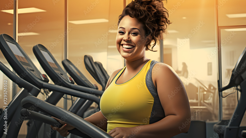 Poster A confident woman exudes joy as she poses for the camera in her stylish exercise clothing against a indoor wall, showcasing her radiant smile and toned shoulders