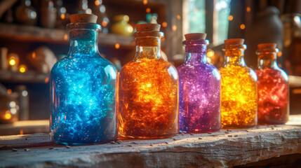 Colorful magic potion in bottles on a wooden shelf in a laboratory - obrazy, fototapety, plakaty