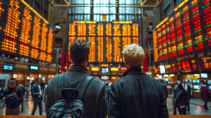 Obraz premium Stock exchange trading. Rear view of two businessmen looking at the stock exchange