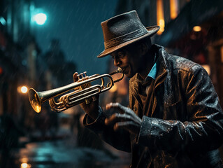 A trumpet player in a hat and playing a trumpet in a street 