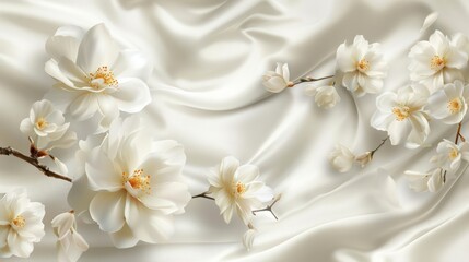 Luxurious 3D background featuring elegant white flowers against a silk backdrop, perfect for printing on walls and ceilings.