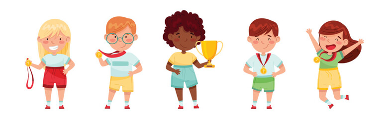 Cute Kids Winner Holding Trophy Cup and Medal Vector Set