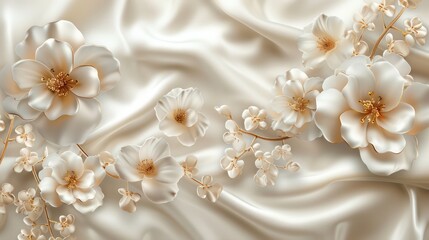 Obraz na płótnie Canvas 3d background with luxury beautiful white flowers, silk background for wall print, and ceiling wallpaper