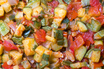 Zucchini squash with onion, tomato and chili, Mexican food, with space for text