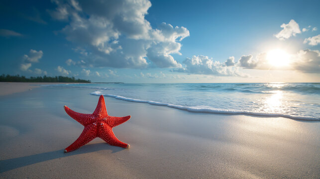 An artistic photo of a beautiful beach with a red starfish near the ocean shore at sunset