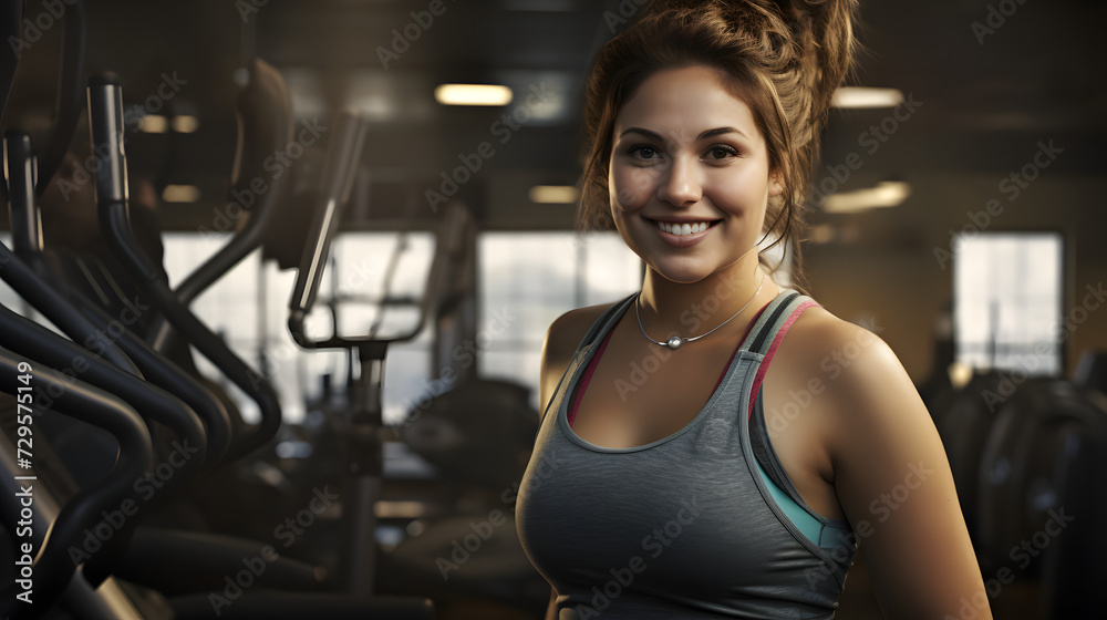 Sticker A radiant woman confidently poses in her gym attire, flashing a bright smile at the camera while standing next to exercise equipment, embodying the concept of physical fitness and dedication to indoo