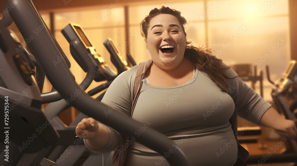 Poster A cheerful woman confidently showcases her athletic style as she poses with exercise equipment in an indoor gym, radiating positivity and determination through her bright smile and relaxed shoulders