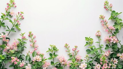 Top view of wild flowers in a white surface with empty space, Generative AI.
