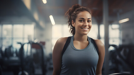 Fototapeta premium A beaming woman in an active tank smiles confidently at the camera, her toned arms on display as she poses with indoor exercise equipment