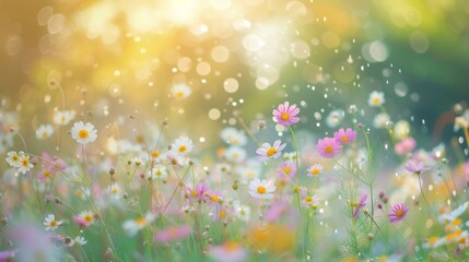 Beautiful natural spring landscape of a flower meadow on a clear sunny day. Lots of flowers and green grass. Blurred background with space for text. Close up