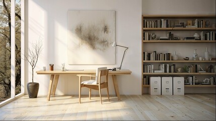Large office with wooden floors and a large window to the left. small library and modernist painting on office table