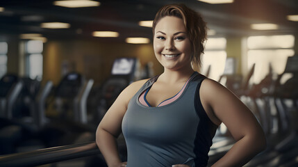 Fototapeta na wymiar A determined woman in workout attire smiles as she lifts weights in the gym, showcasing her physical strength and dedication to fitness