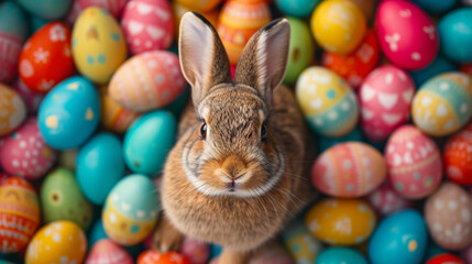 Fototapeta na wymiar easter rabbit standing in a pile of colorful eggs, vibrant backdrops,