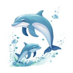 Illustration of a family of dolphins on a white background.