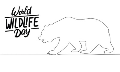 Concept text banner for holiday World Wildlife Day with one line continuous bear. Line art banner. Hand drawn vector art.