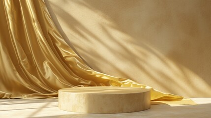 Fabric gold silk podium, abstract fashion product display cloth texture background 3d rendering. Luxury object placement packaging mockup for presentation cosmetic or beauty products.
